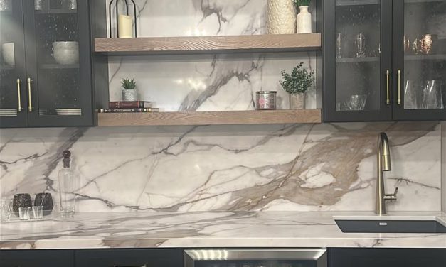 Custom wet bar, W/ Full Height Backsplash tall pantry soft closing glass doors with a 19 inch composite blanco volcano gray sin…