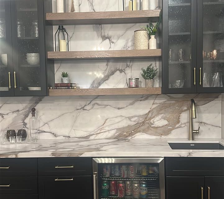 Custom wet bar, W/ Full Height Backsplash tall pantry soft closing glass doors with a 19 inch composite blanco volcano gray sin…